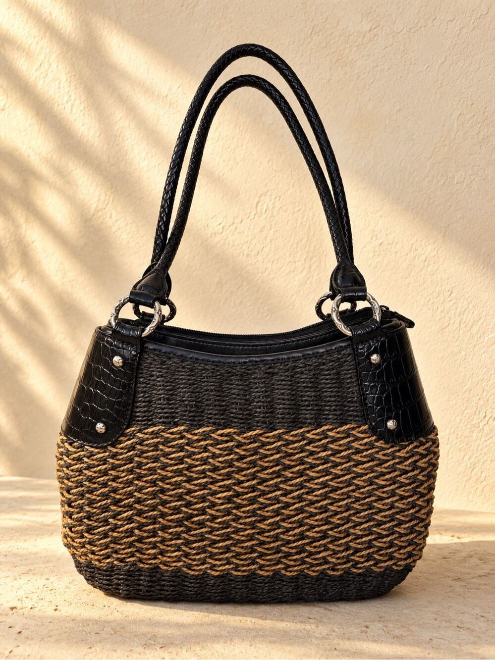 Brighton Delfina Black & Tan Woven Shoulder Bag Croc Embossed Trim